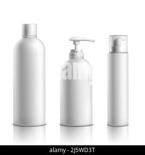 Skincare cosmetics products line packaging mockup 3d realistic vector isolated on white background. Blank white shampoo, lotion tube, liquid soap bott Stock Vector