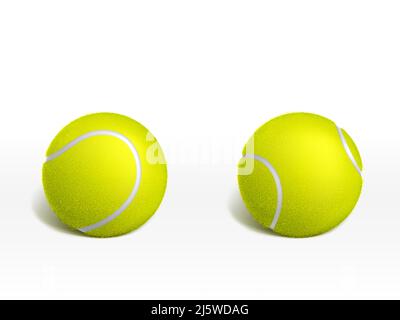Two new tennis balls lying on white surface 3d realistic vector illustration. Racket sport inventory or equipment icon. Tennis tournament, sport game Stock Vector