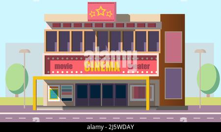 Movie theater, cinema hall, film house two-storey building with illuminated signboard and movie posters on entrance flat vector. Modern entertainment Stock Vector