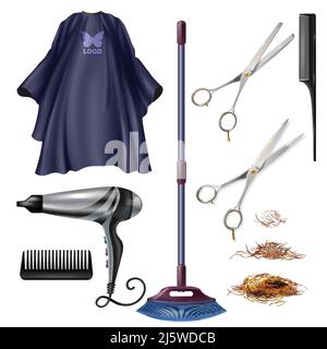 Barbershop hairdresser tools and accessories 3d realistic vector set isolated on white background. Scissors and combs, electrical hair dryer, gown or Stock Vector