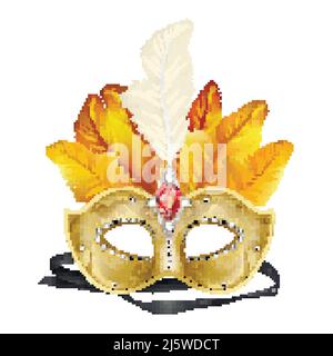 Half-face colombina mask decorated with precious stones, red ruby and colored feathers 3d realistic vector icon isolated on white background. Venetian Stock Vector