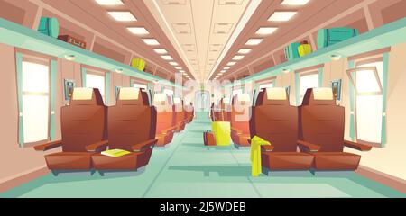 Long distance travel, subway train spacious wagon interior cartoon vector with rows of comfortable double seats, baggage bags on shelves illustration. Stock Vector