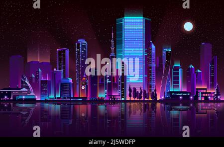 Future metropolis night landscape cartoon vector in fluorescent colors. Illuminated with neon glowing lights skyscrapers on seashore with city buildin Stock Vector