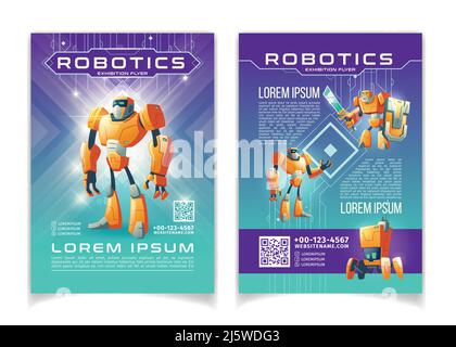 Robotics and artificial intelligence technologies exhibition advertising flyer cartoon vector pages template. Computer game fans conference promo broc Stock Vector
