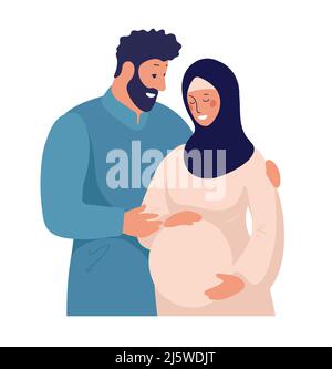 A traditional Muslim family is waiting for the birth of a child. Arab married couple, pregnant woman in a hijab. Flat vector illustration isolated on Stock Vector