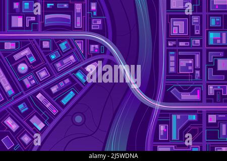 Modern metropolis top view map flat vector in neon color. City quarters streets, buildings, bridge over river illustration. Navigation application, ca Stock Vector