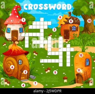 Cartoon mushroom, snail, acorn and carrot fairytale houses crossword grid worksheet, find a word quiz game. Vector cross word, search puzzle for children educational, recreational or learning activity Stock Vector