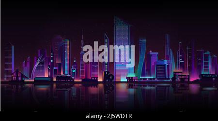Night city street shrouded in darkness cartoon vector background. Metropolis skyscrapers towers, town buildings illuminated with neon color lights on Stock Vector