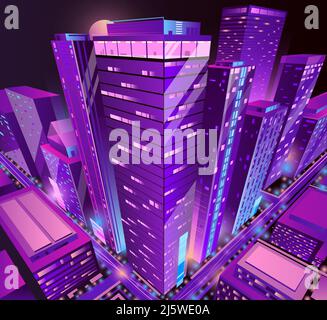 Modern skyscrapers illuminated buildings group isometric projection vector in violet, neon colors. Metropolis downtown district futuristic architectur Stock Vector