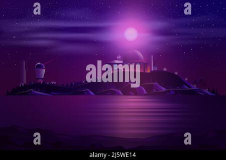 Astronomical ground-based observatory with optical telescope and laser guide star system on ocean shore carton vector illustration. Science institutio Stock Vector