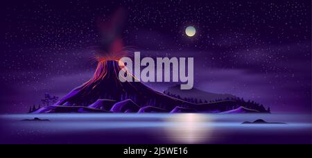 Sea or ocean desert, uninhabited island shore night landscape with active, ready for eruption volcano, mountain top fiery glowing in darkness cartoon Stock Vector