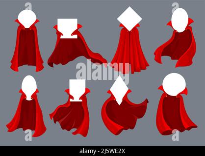 Hero and super hero, wizard and magician red capes and cloaks with collars and gold buttons. Vector cartoon mantles with flying flaps in the wind and Stock Vector