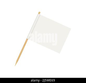 Toothpick flag. Blank flag on wooden stick. Wood toothpick with white paper banner for food and cocktail decoration. Reactangle forms of pennant Stock Vector