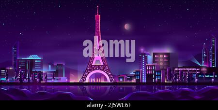 Paris quay night landscape cartoon vector in neon colors with illuminated Eiffel Tower reflecting in river water illustration. Europe famous touristic Stock Vector
