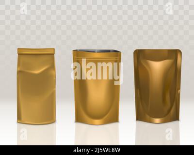 Golden paper or foil sachet pouch with clip and doy pack set isolated on transparent background. Food or cosmetics package, blank product packaging mo Stock Vector