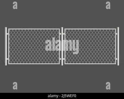 Wire fence isolated on grey background. Silver colored metal chain link mesh. Two segments rabitz gate, perimeter protection barrier construction sepa Stock Vector
