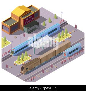 Modern railway station isometric vector with passenger train stop for people embarking and disembarking, diesel locomotive pulling cargo wagons on rai Stock Vector