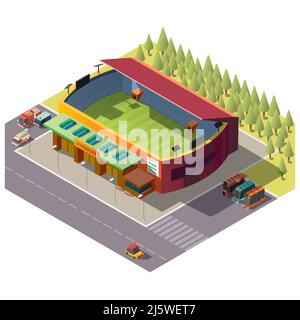 Soccer stadium open roof building with emergency services vehicles and fans buses on parking isometric vector isolated on white background. City sport Stock Vector