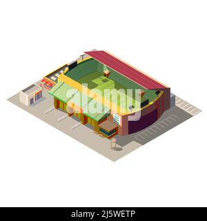 Soccer stadium building with ticket office and empty parking area low poly isometric vector illustration isolated on white background. City sport and Stock Vector