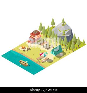 Campground on forest river or lake shore isometric vector with camping van, tourist tent, fireplace, lounge chairs under umbrella, fishing rod, dinner Stock Vector