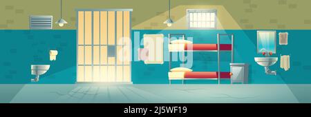Prison cell for criminals. Interior with cracked floor, scratched, brick wall, grid door, bunk beds, washbasin, toilet. Jail double room facility for Stock Vector