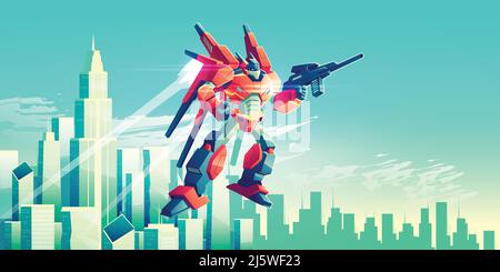 Alien warrior, armed transformer robot flying in sky under modern metropolis skyscrapers, patrolling, attacking enemies with plasma gun illustration. Stock Vector