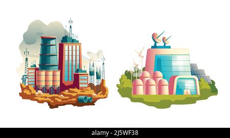Modern power station polluting the environment with smoke from chimneys, clean, alternative, futuristic electricity generating plant building cartoon Stock Vector