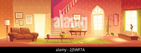House cozy hall, home living room, spacious antechamber, anteroom or vestibule interior cartoon vector with sofa, coat hanger, fruits on coffee table, Stock Vector