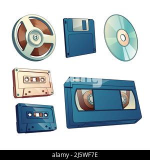 Audio and movie records, information vintage carriers cartoon vector set isolated on white background. Magnetic tape on reel, audio and VHS cassettes, Stock Vector