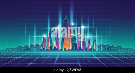 Modern metropolis illuminated neon lights futuristic skyscrapers buildings on digital simulation grid cartoon vector illustration. Future city virtual Stock Vector