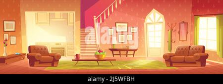Home interior with hallway entrance, stairs on second floor and furniture. Bright hall, living room and kitchen apartment background with hanger, armc Stock Vector