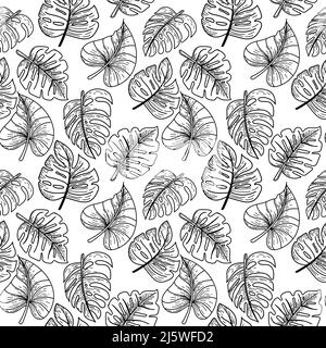Seamless pattern depicting a tropical monster leaf. Leaves with scribble in sketch style. Tropics. Monster. Exotic leaves. Isolated vector illustratio Stock Vector