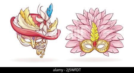 Womens magnificent golden masks and hat, decorated colorful feathers and precious stones cartoon vector isolated on white background. Venetian, Mardi Stock Vector