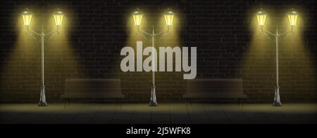Streetlights on brick wall background with wooden benches. Luminous vintage street lights or lampposts on forged steel poles for urban design. Retro c Stock Vector
