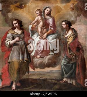 Madonna col Bambino tra S. Lucia e S. Apollonia - olio su tela - Francesco Paglia - XVII secolo - Livemmo (Bs),Italia, chiesa parrocchiale di San Marc Stock Photo