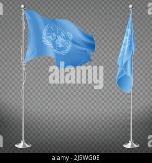 United Nations Organization flag on flagpole set isolated on transparent background. Waving and lowered blue canvas with white un symbol on vertical s Stock Vector