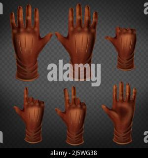 Hand in leather glove gestures in different positions set isolated on transparent background. Human palm show direction, pointing, and represent finge Stock Vector
