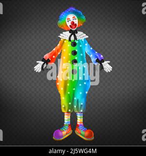 Clown in circus, party man isolated on transparent background. Funny comedian, jester character wearing rainbow periwig, white mask, red nose and colo Stock Vector