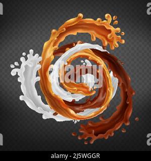 Splash of caramel, chocolate and milk mixed in swirl isolated on transparent background. Liquid dynamic droplets, pouring elements for package design, Stock Vector