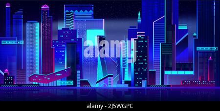 Night city in neon lights. Futuristic cityscape panoramic view background with glowing illumination. Modern town buildings exterior architecture in bl Stock Vector