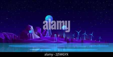 Renewable, ecological electricity generation future and alternative technologies cartoon vector concept with tesla towers, wind turbines on sea or riv Stock Vector