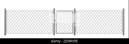 Chain-link, rabitz fence fragment with metal pillars, wicket realistic vector isolated on white background. Private and forbidden territory, protected Stock Vector