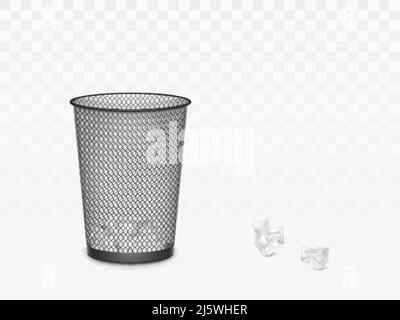 Trash can with crumpled paper inside and around. Office, home litter bin for thrown sheets, wastepaper garbage basket isolated on transparent backgrou Stock Vector