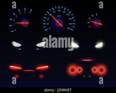 Glowing in darkness blue, red and white light, car front, back headlights, speedometer and tachometer scales, battery, fuel or oil level indicators 3d Stock Vector