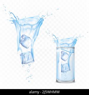 Water splash with ice cubes and glass. Dynamic motion of pure liquid with droplets and air bubbles, pure hydration element for ad isolated on transpar Stock Vector
