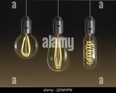 Filament bulbs set. Retro edison lamps, incandescent vintage lightbulbs of different shapes and forms with heated wire hanging from above isolated on Stock Vector