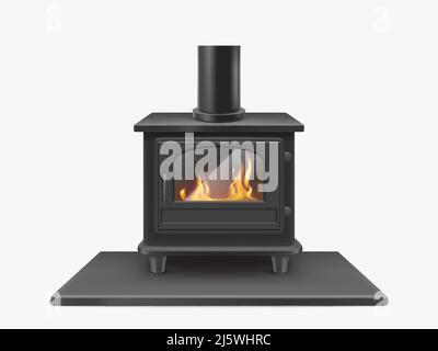 Wood burning stove, iron fireplace with fire inside isolated on white background, indoors traditional heating system in modern style. Household equipm Stock Vector