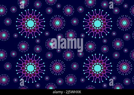 Seamless virus flowers pattern. Abstract floral design template. Tileable Retro Ornament. Dark Neon stylish graphic design. Stock Vector