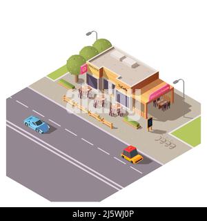 Isometric 3d cafe building with outdoor terrace and round tables at roadside with moving cars. Restaurant, city architecture, cafeteria exterior desig Stock Vector