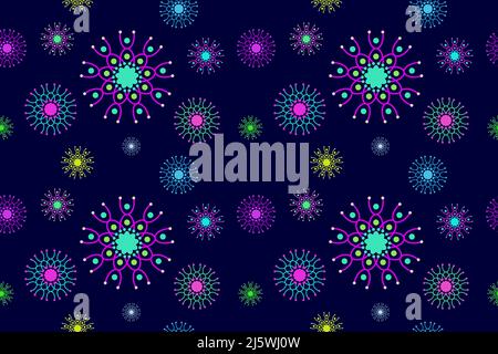 Colorful Seamless Concentric Flowers Pattern. Beautiful Viruses and Bacteria in Neon Color. Stock Vector